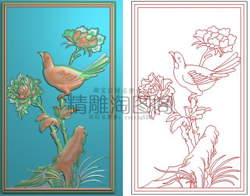 精雕图花鸟门板灰度图浮雕图牡丹花鸟沙发边背板176x294新款喜鹊