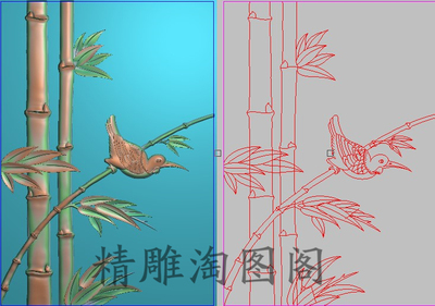 精雕图竹子鸟小花板灰度浮雕花鸟四季花背板门板竹子翠鸟172x245