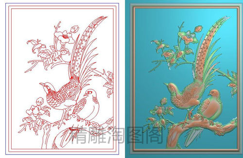 茶花凤凰精雕图灰度图浮雕图雕刻图精品玉兰花鸟背板门板302x404