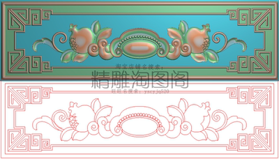 精雕图灰度图博古线框浮雕图精品洋花如意石榴围板挡板横板349x98