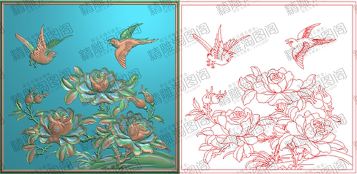 新款沙发精雕jdp图灰度图牡丹月季玫瑰花鸟背板门板后板270x261