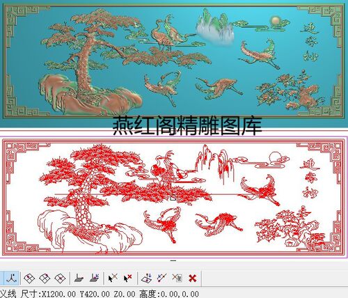 松鹤延年靠背板精雕图祥云仙鹤横挂屏灰度图松鹤浮雕图木雕迎客松
