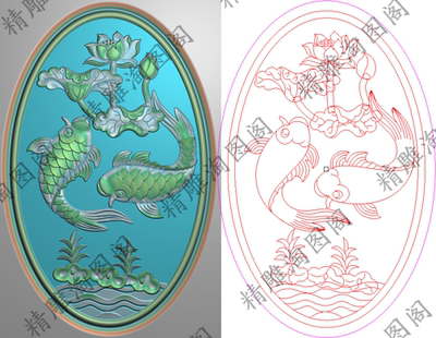 精雕图茶台门板双鱼莲花荷花波浪水浪沙发椭圆靠背板183x283浮雕