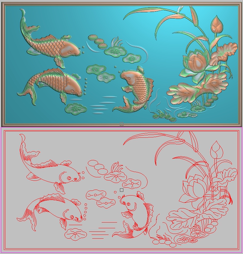 荷花鱼年年有余靠背板莲花横板662x345精雕图灰度图浮雕图石木雕