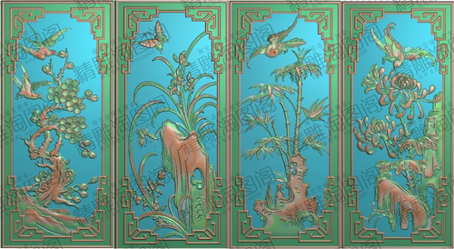 春夏秋冬精雕图博古线框四君子梅兰竹菊四季花鸟背板门板185x408