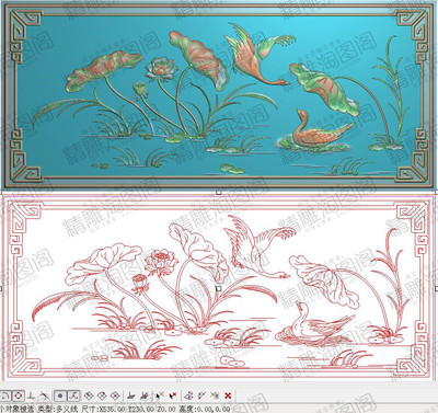 荷花天鹅精雕图灰度图莲花浮雕图精品花鸟沙发床背板鹤横535x230