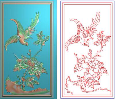 新款牡丹花鸟精雕图灰度图浮雕图精品花鸟牡丹花背板门板222x403