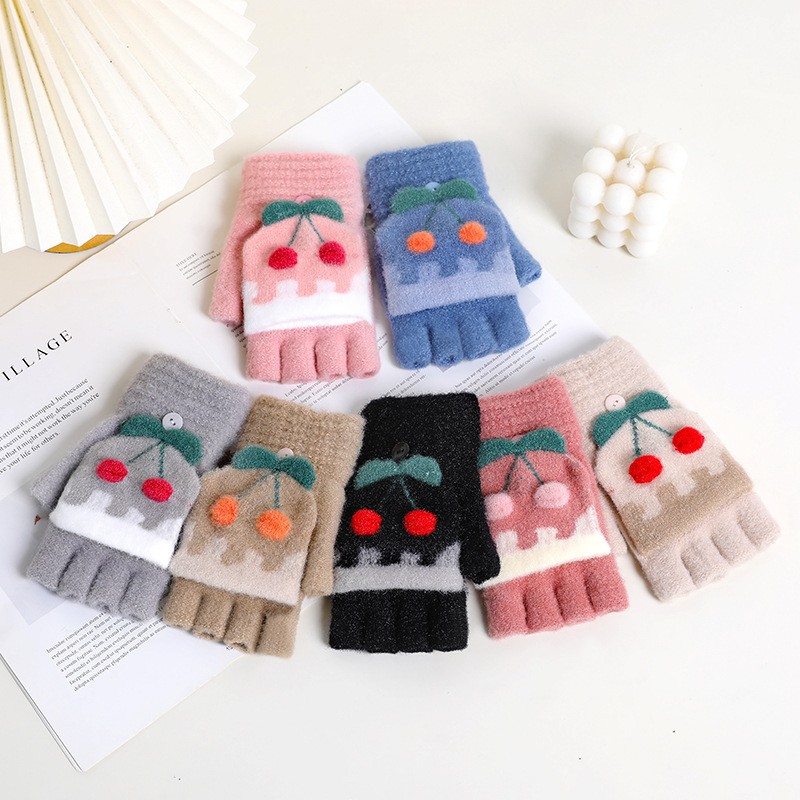 半指手套女冬天露指翻盖针织毛线手套打字学生写字半截保暖防uj32