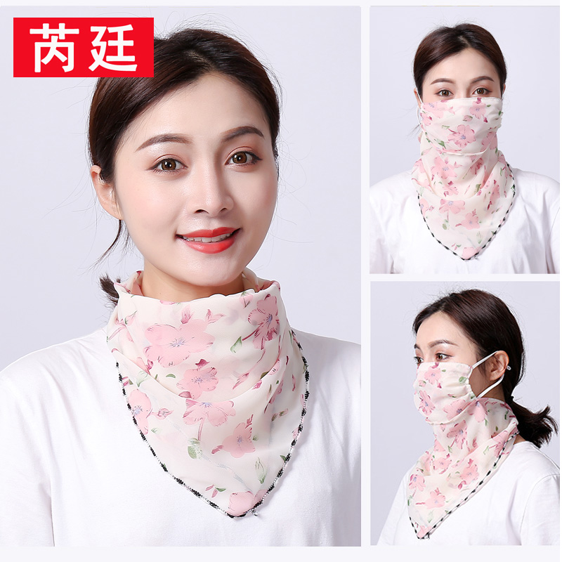 围巾女春秋薄夏季防晒面罩防紫外线挂耳雪纺围巾丝巾百搭防尘围脖