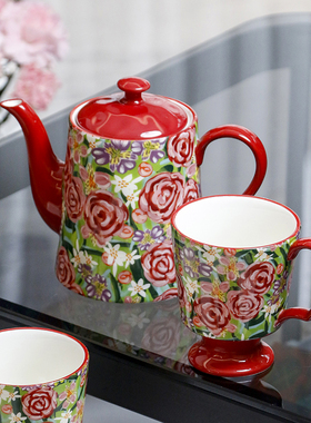 OMK 美式高级感冷水壶创意手绘花茶壶红色玫瑰陶瓷咖啡茶具套装