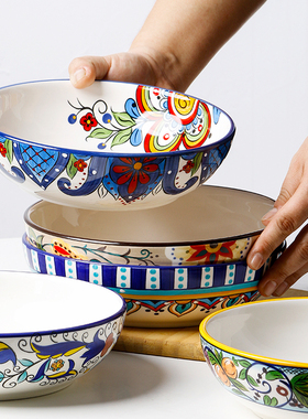 OMK 创意陶瓷深盘手绘8英寸圆形家用汤菜盘釉下彩沙拉意面碗个性