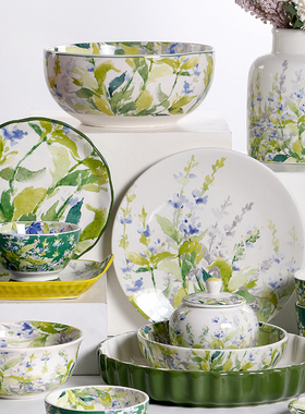 OMK 田园风陶瓷盘子创意小清新餐盘家用深盘面碗绿色圆形大号托盘