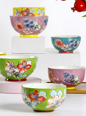 OMK创意手绘米饭碗家用可微波釉下彩陶瓷面碗手工浮雕5英寸碗组合