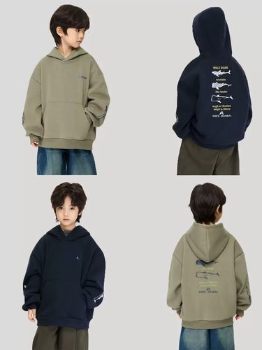 2025冬季新款儿童装潮范鲨鱼印花加厚上衣男中大童一体绒连帽卫衣