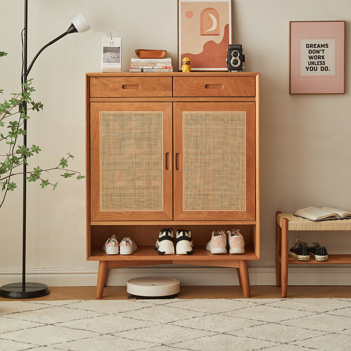 北欧实木藤编日式鞋柜樱桃木简约客厅收纳储物柜玄关隔断柜,住宅家具,鞋柜,淘宝优惠券,粉丝福利购,淘宝优惠卷