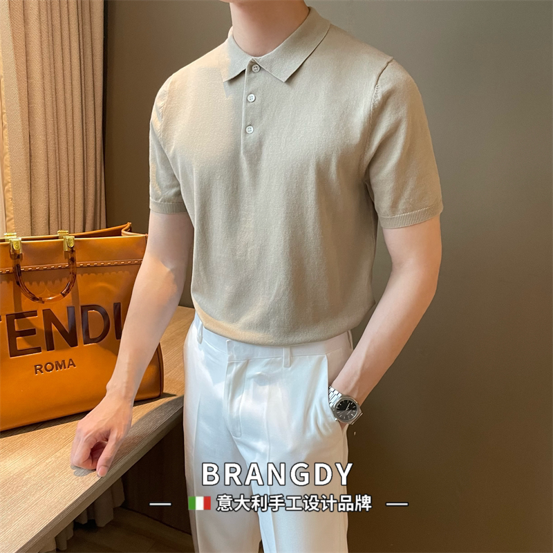 Brangdy意大利夏季通勤男短袖修身polo格透气亲肤面料翻领针织衫