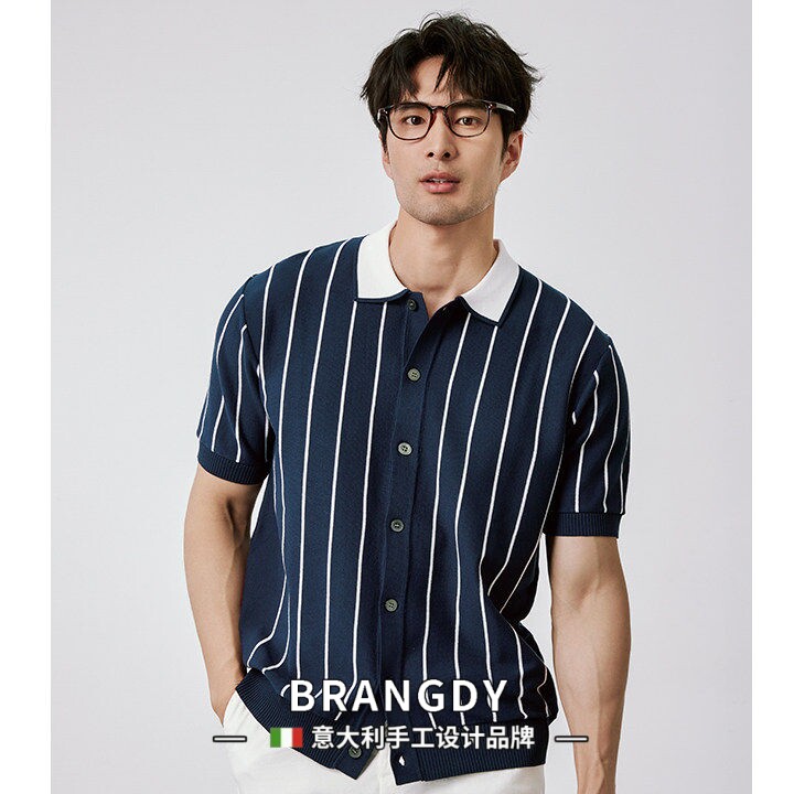 Brangdy意大利老钱风夏季针织短袖polo衫男士冰丝翻领撞色开衫T恤