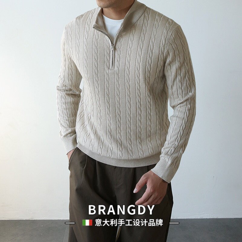 Brangdy意大利老钱半拉链立领修身麻花针织衫男秋冬商务休闲毛衣