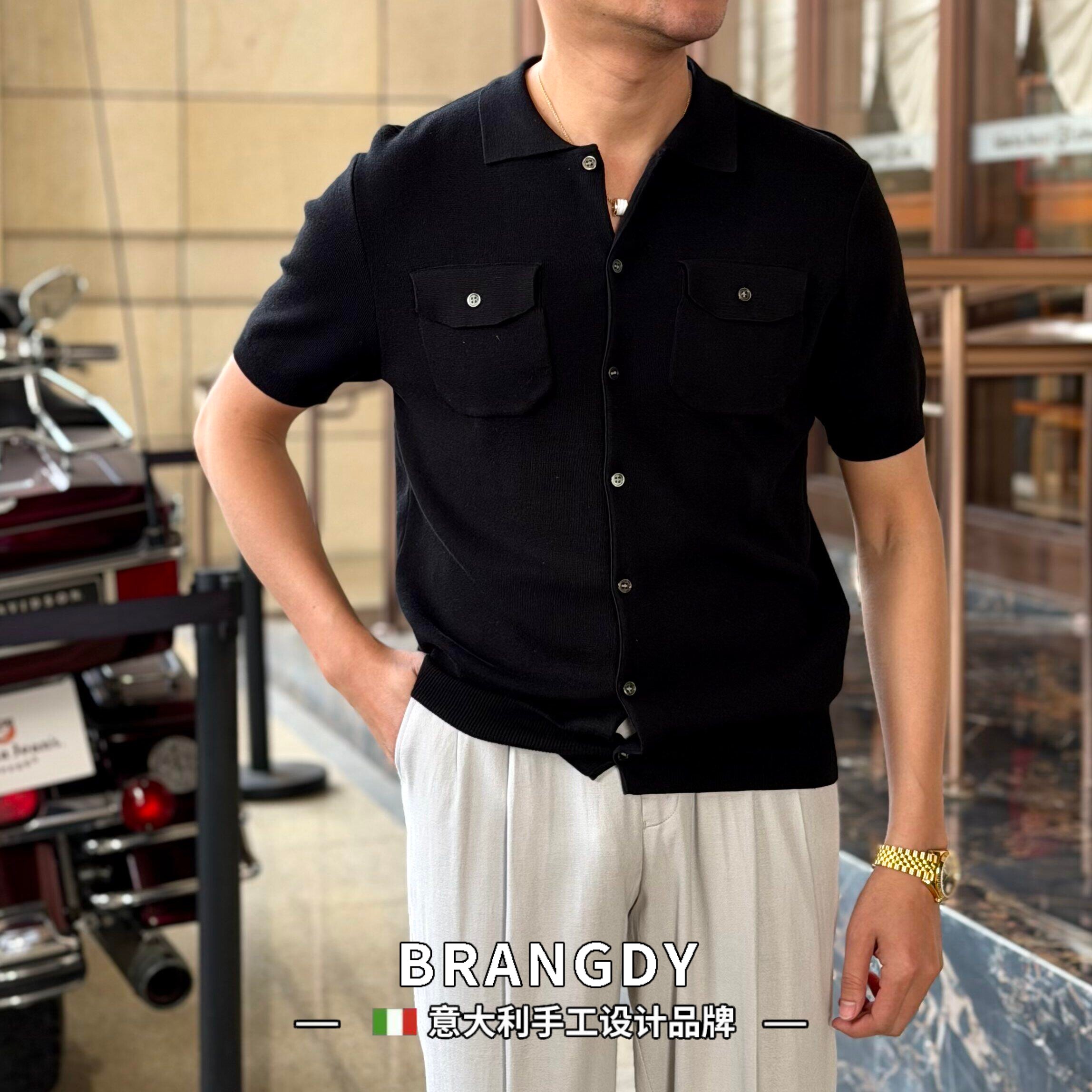Brangdy意大利夏季翻领短袖开衫针织衫男休闲透气亲肤口袋上衣
