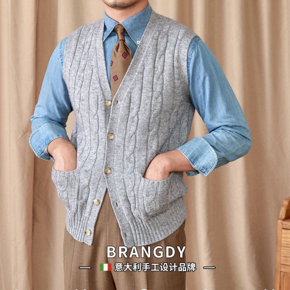 Brangdy意大利复古休闲秋冬羊毛提花无袖针织开衫背心英伦马甲