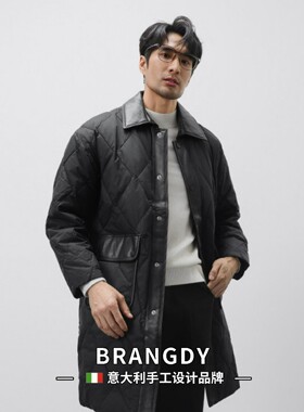 Brangdy意大利冬季保暖白鸭绒中长款大衣男士拼接PU皮羽绒服外套