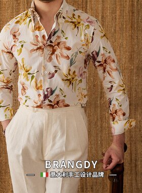 Brangdy意大利通勤纯棉透气修身花衬衫绅士休闲英伦长袖碎花衬衣