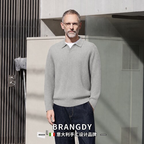 Brangdy意大利竖坑条肌理海鸥领针织Polo衫男士春秋休闲长袖毛衣