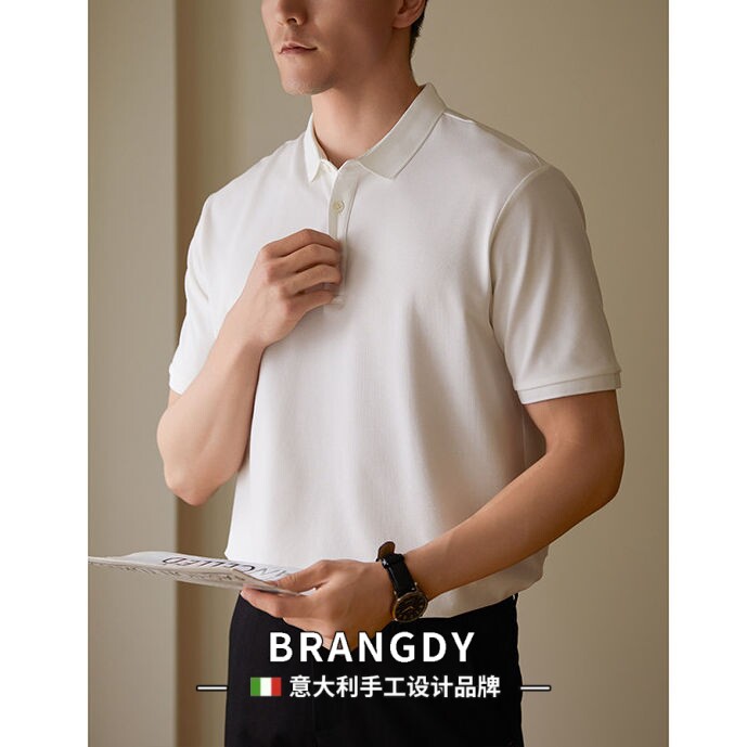Brangdy意大利冰丝珠地棉纯色POLO衫男士高级感新款商务短袖T恤