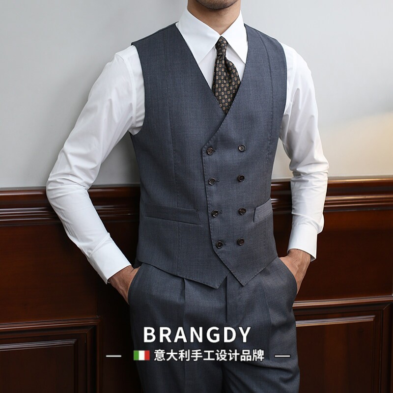 Brangdy意大利精纺羊毛灰色修身双排扣马甲绅士英伦西装马夹男潮