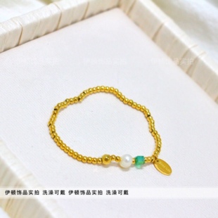 【洗澡不用摘】钛钢好运牌Good Luck字牌金珠贝珠复古绿 弹力手串