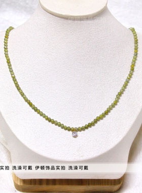 钛钢森系女橄榄绿串珠项链