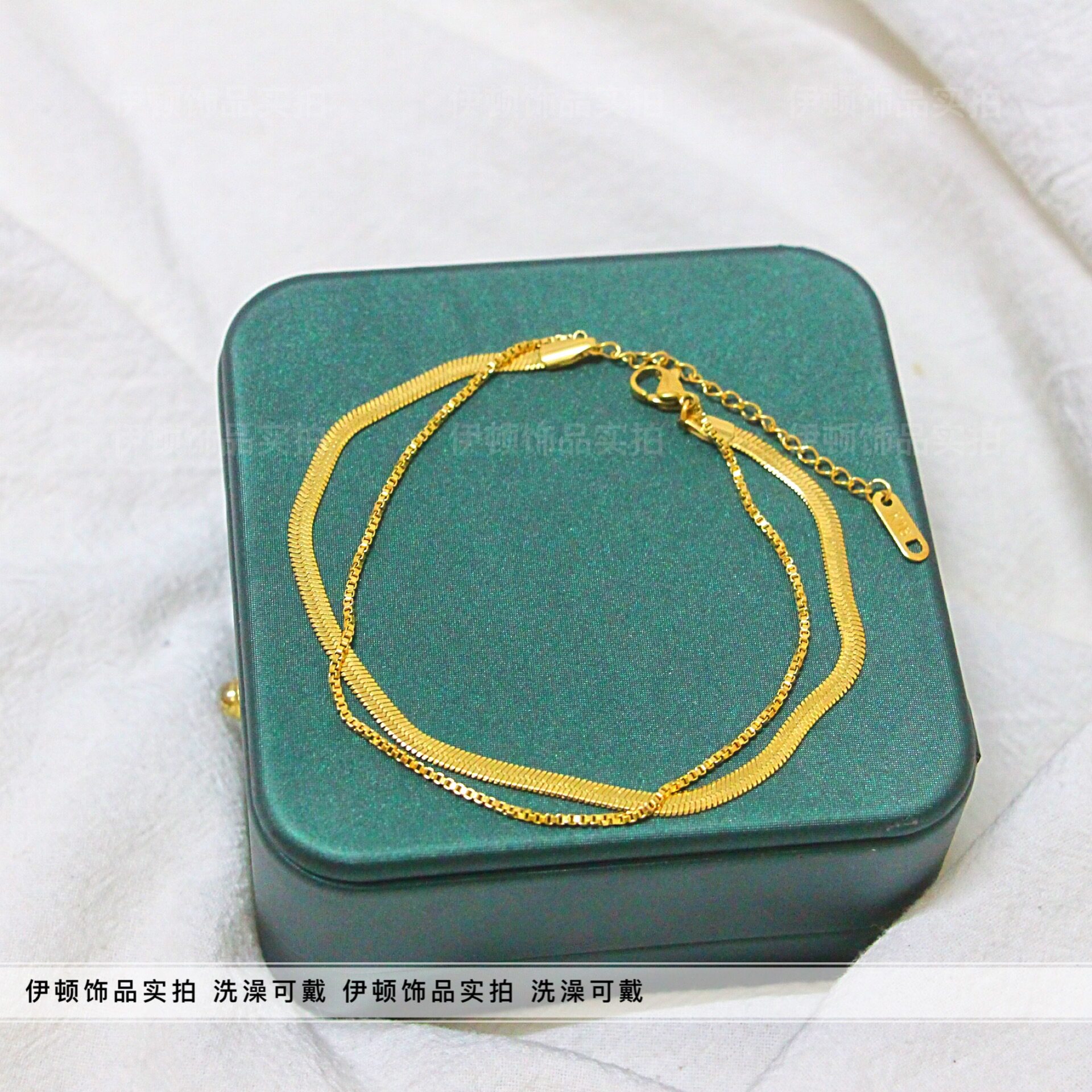 【洗澡不用摘】新款钛钢保色扁蛇骨拼盒子链双层设计脚链 脚饰