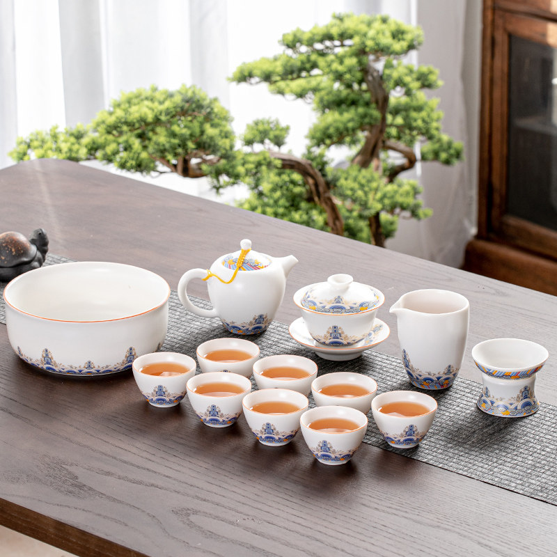 陶瓷功夫套装稠光釉天涯海水盖碗茶洗小茶杯家用办公室会客用茶具