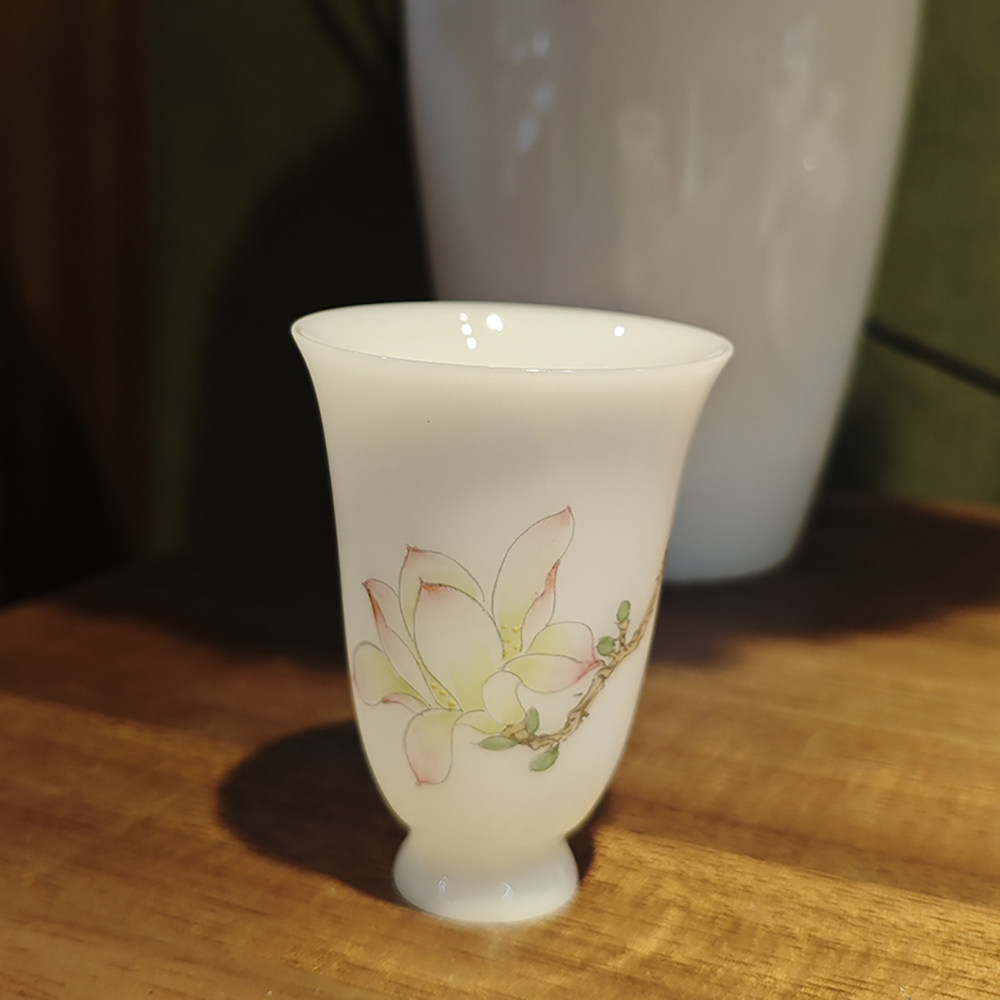 高脚闻香杯玉兰花五款手绘陶瓷茶具居家品茗轻奢雅致功夫茶道舒心