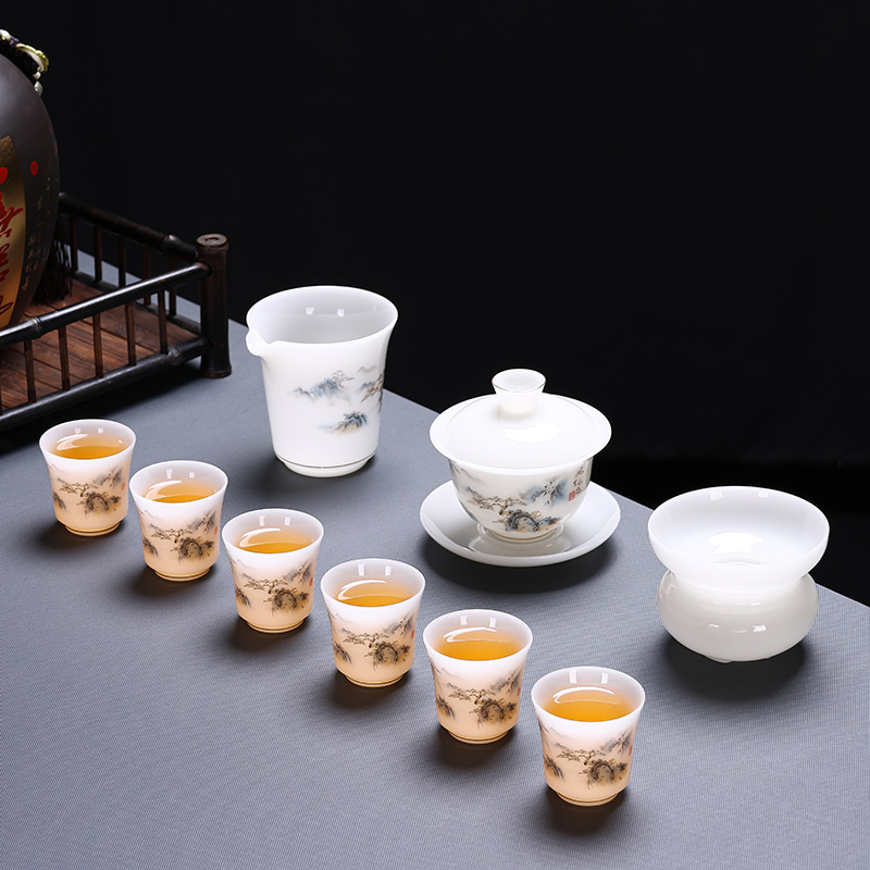 新款冰种璞玉功夫茶具套装山水画茶杯茶壶茶海一整套家用茶具泡茶