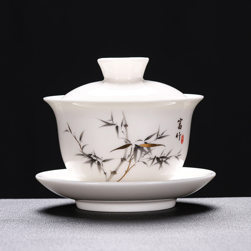 德化白瓷三才盖碗泡茶杯羊脂玉带盖功夫喝茶碗茶具大小号单个高档