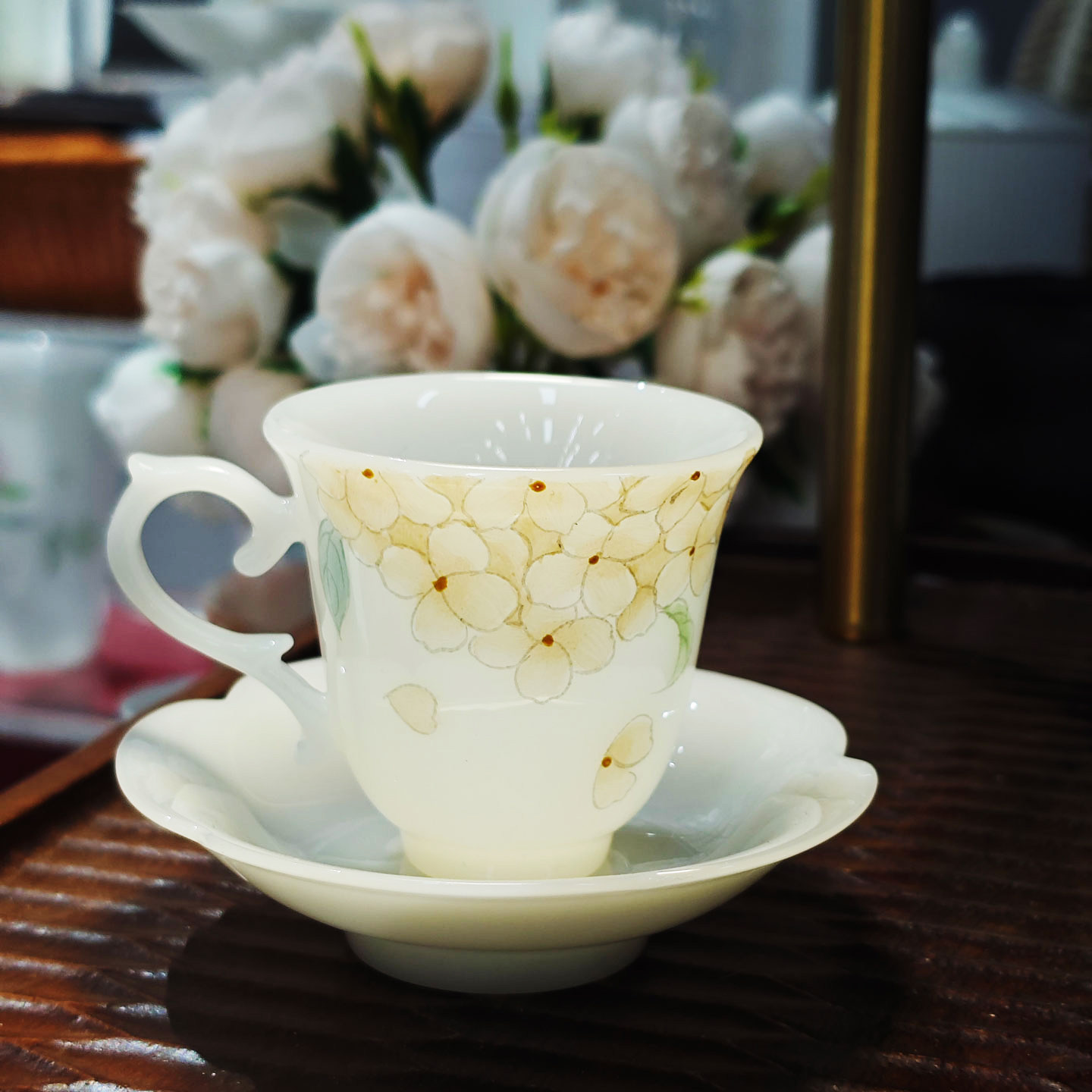 执盏杯丹金绣球花边杯垫手绘陶瓷茶具居家品茗轻奢雅致功夫茶道舒