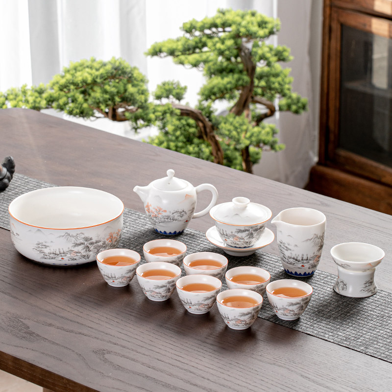 陶瓷功夫套装稠光釉梦里水乡盖碗茶壶小茶杯家用办公室会客茶叶罐