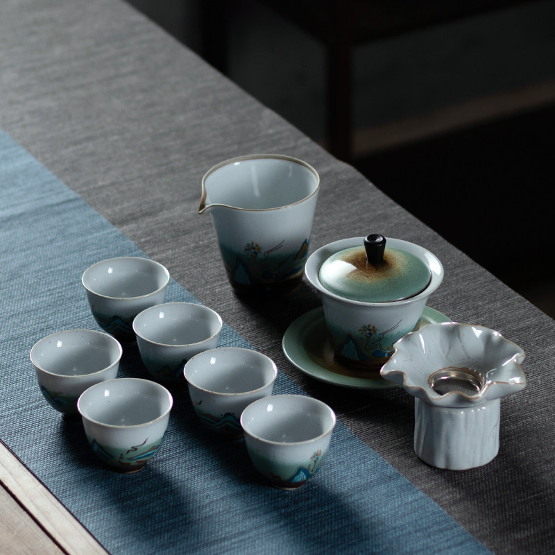 石青釉瓷茶具整套功夫茶杯大号三才盖碗家用中式复古陶瓷礼盒礼品
