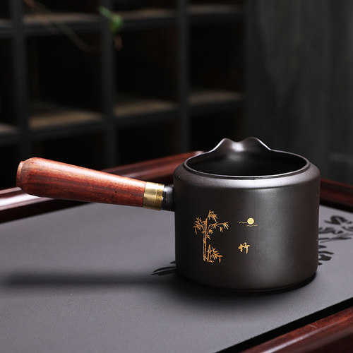 宜兴紫砂带手柄公道杯泡茶滤一体分茶器公杯陶瓷茶具茶漏套装黑陶