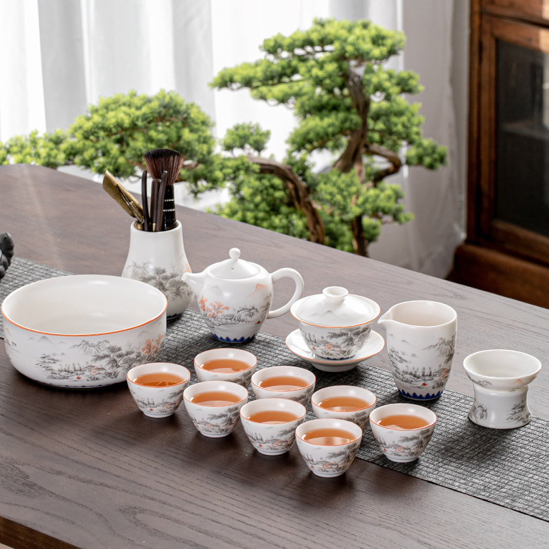 陶瓷功夫套装稠光釉梦里水乡盖碗茶洗小茶杯家用办公室会客用茶具