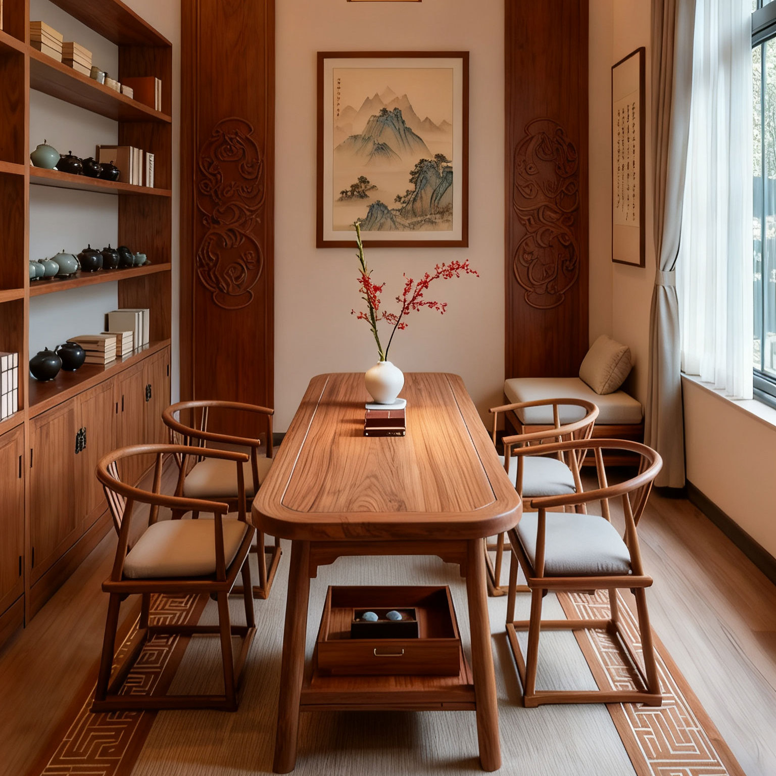 2025宋式美学实木黑胡桃木茶桌椅禅意酒店高端定制茶台设计师同款