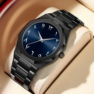 合金防水手表无Logo阿拉伯数字男士腕表跨境wristwatch全黑表盘