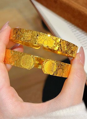 铜合金仿真金古法錾刻莲花碎冰冰手镯复古国风招财纳福高颜值手环