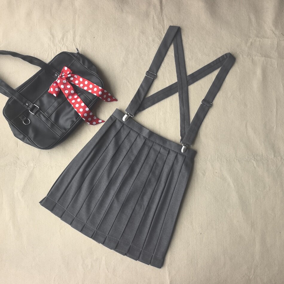 JK灰色百褶裙大摆高温压褶显瘦a字版型学院风可拆卸背带裙半身裙