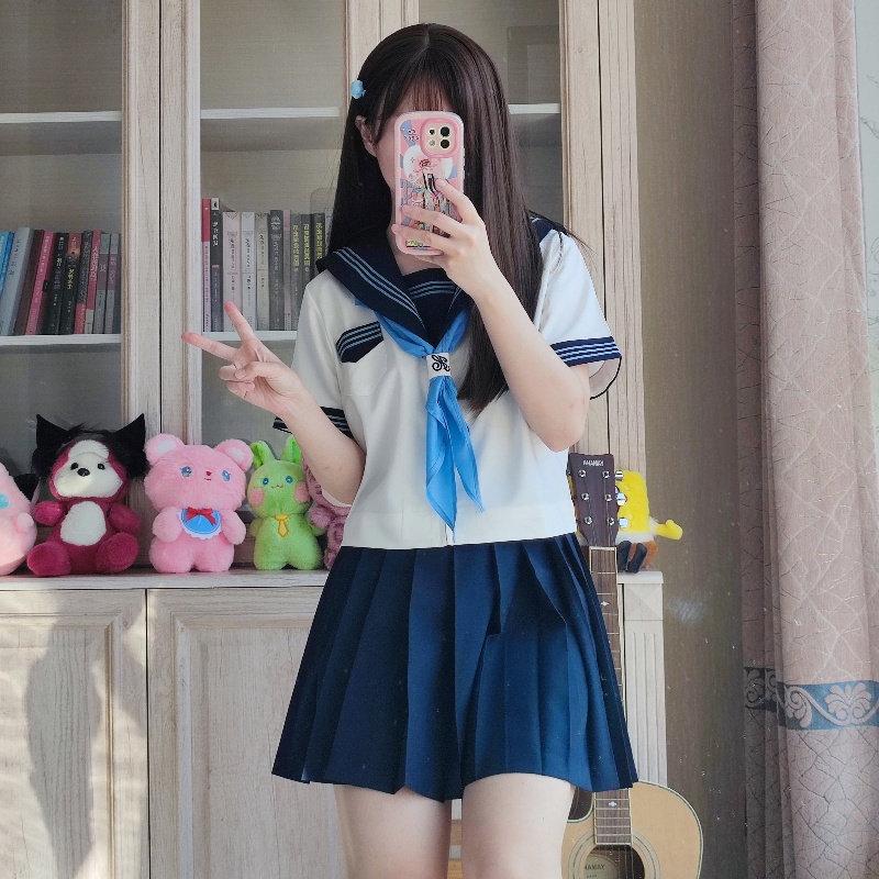 基础蓝三本满襟短袖JK制服水手服