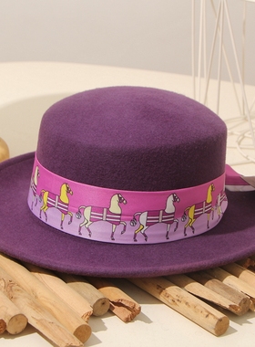 紫色小马帽子女秋冬百搭平顶礼帽英伦复古平沿羊毛帽短檐毡帽潮