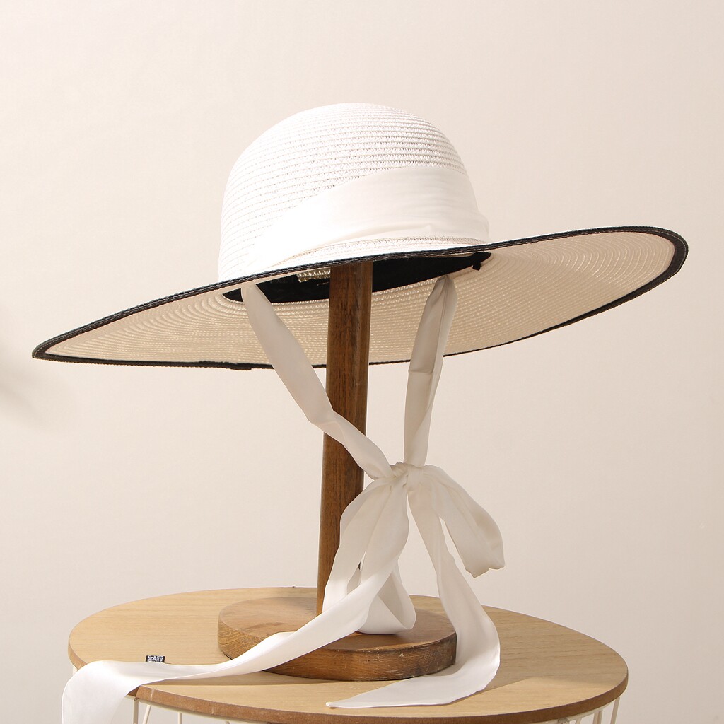 白色简约大帽檐大檐帽名媛系带防风绳草帽草编帽女沙滩防晒遮阳