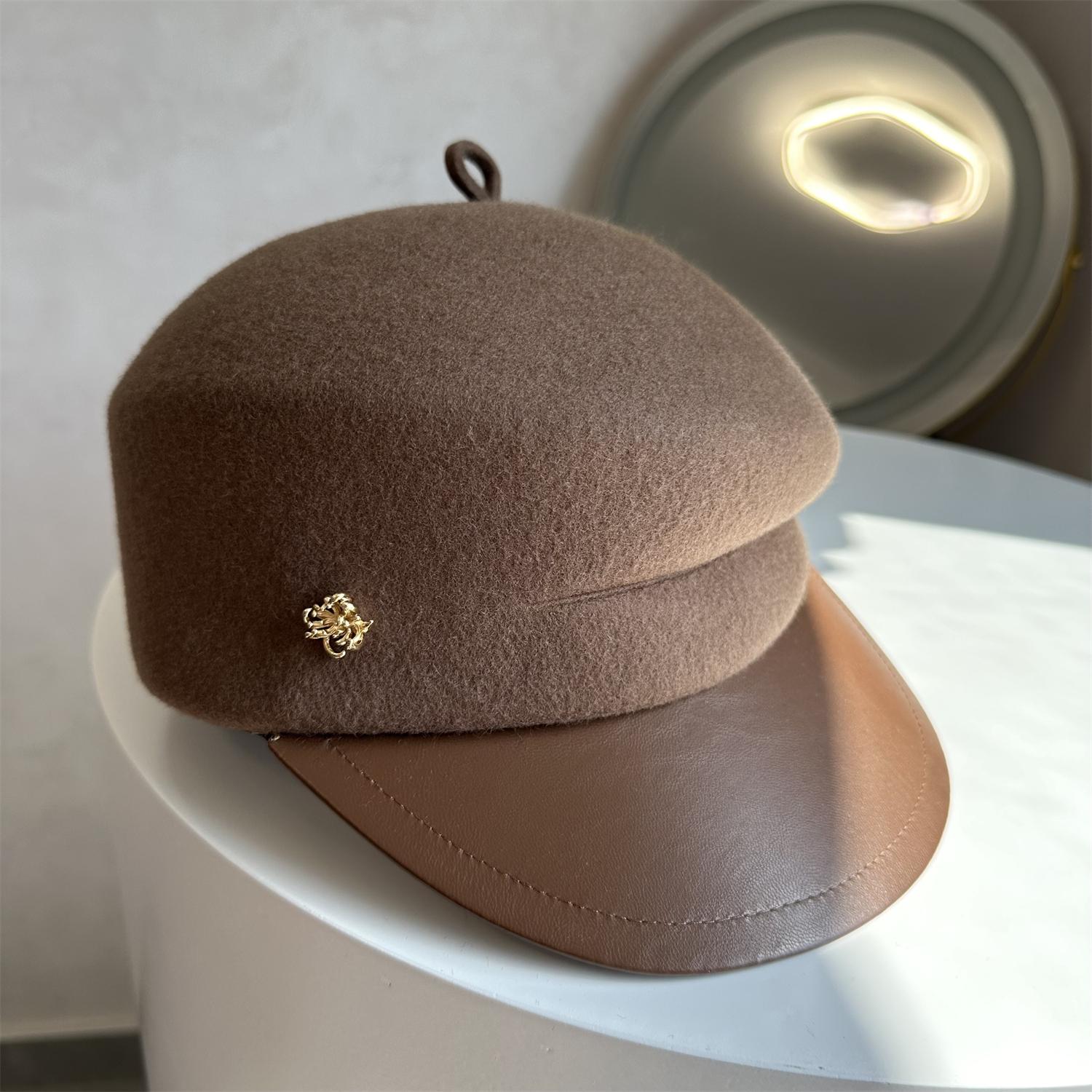 日系复古皮檐八角帽羊毛呢
