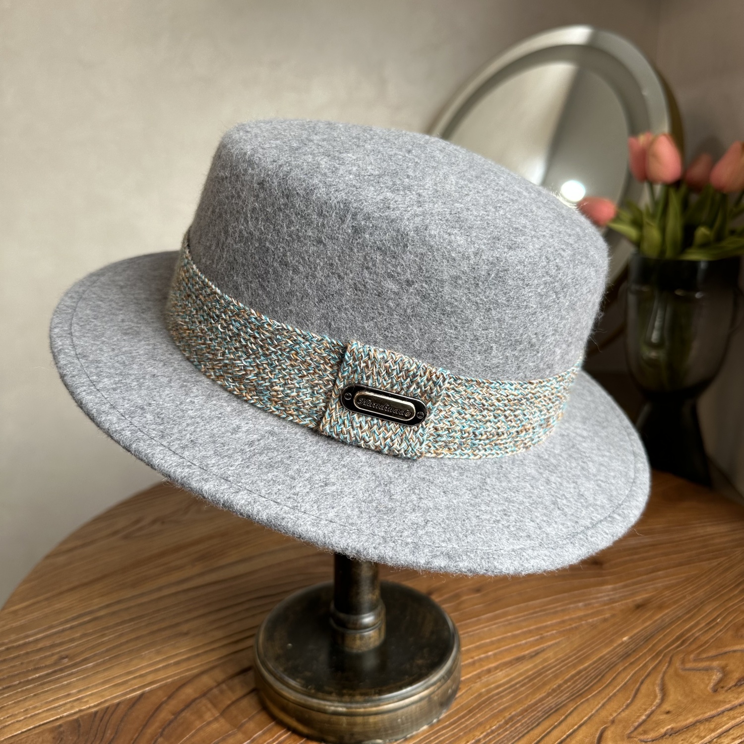 复古气质灰色羊毛呢平顶帽礼帽男女秋冬百搭宽沿帽显脸小法式优雅